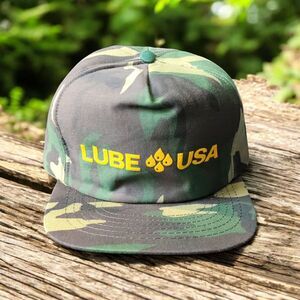 LUBE USA Hat Snap Back Cap Green Camouflage Camo Embroidered Advertising Vintage